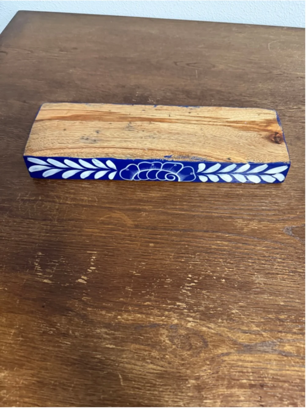 Hand Painted Wooden Triple Tealight Candle Holder Blue White Folk Art Rustic Dec